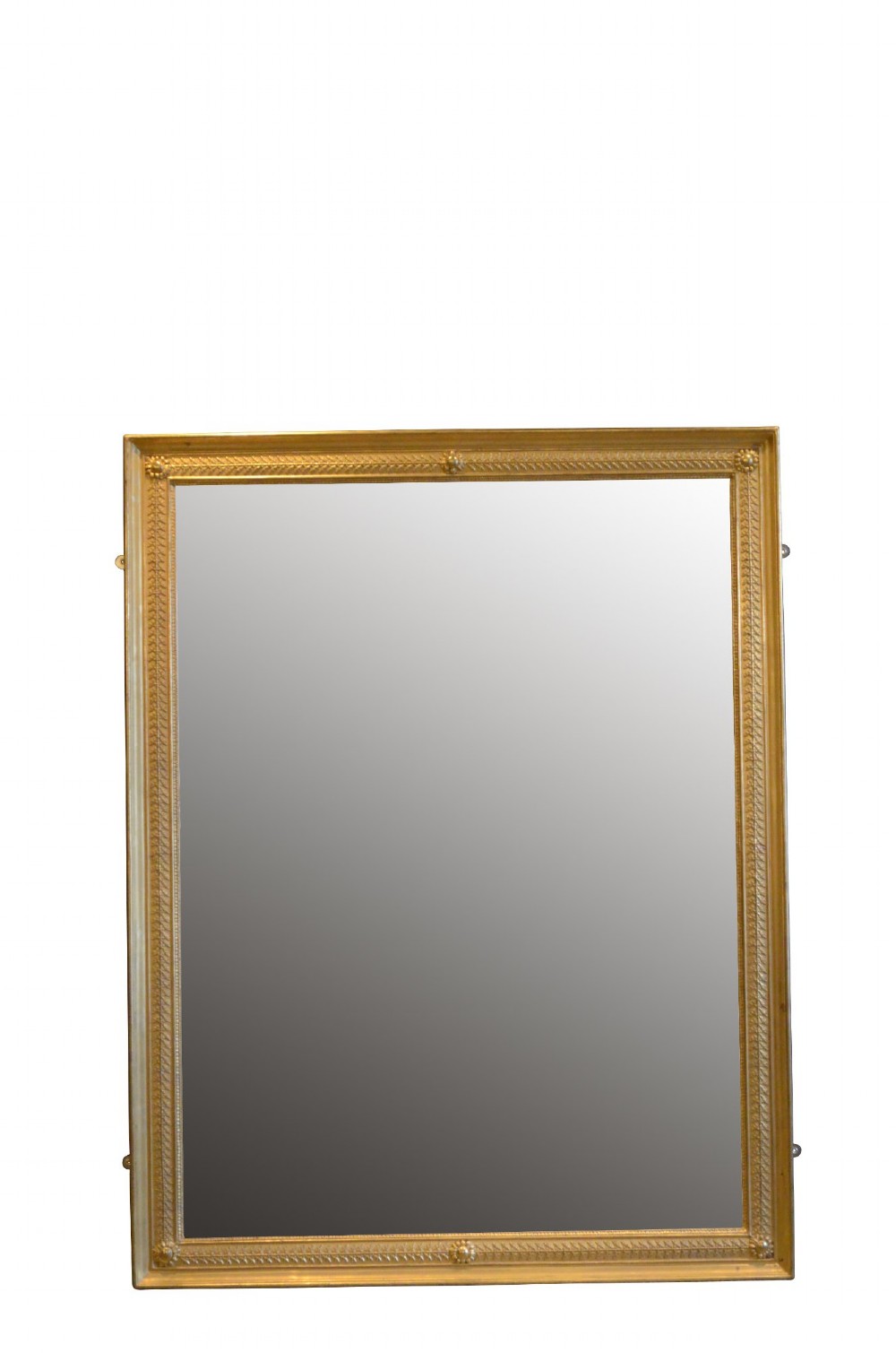 A large rectangular antique wall mirror featuring a carved giltwood frame decorated with detailed classical bead moulding and rosette bosses.