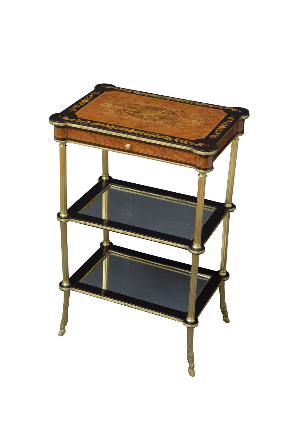 A French Louis XVI style three-tier occasional table featuring an inlaid marquetry top with a drawer, polished brass column supports, and glass lower shelves. View III