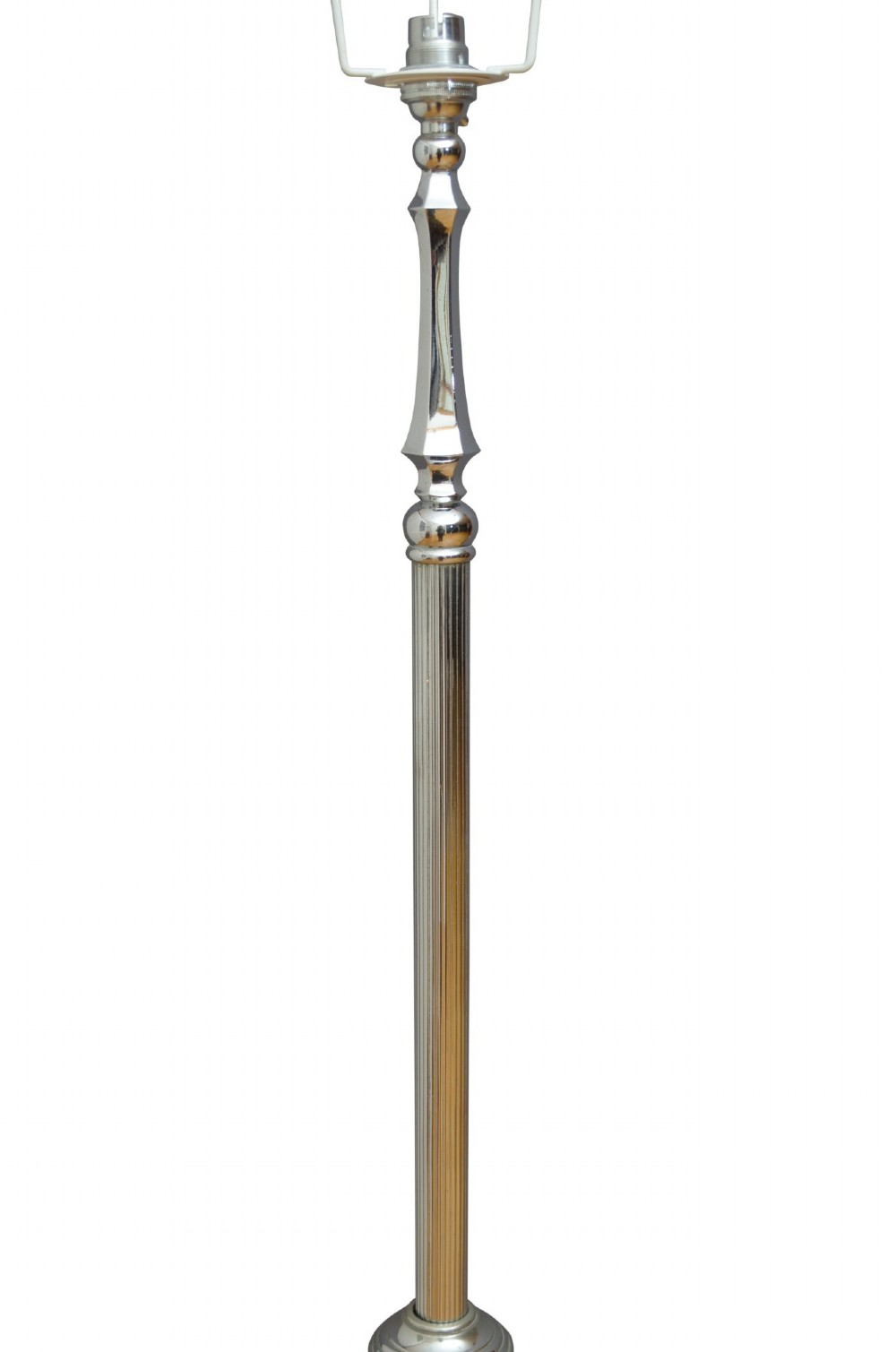 An Art Deco metal standard lamp featuring a fluted central stem, tripod sweeping base supports, and a scalloped white fabric shade. View IV
