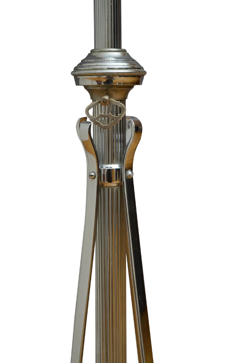 An Art Deco metal standard lamp featuring a fluted central stem, tripod sweeping base supports, and a scalloped white fabric shade. View V