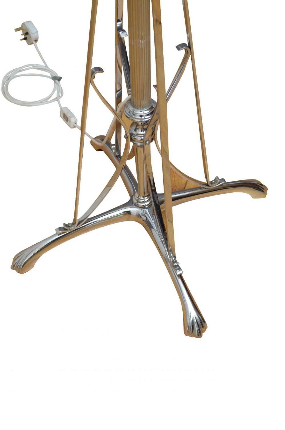 An Art Deco metal standard lamp featuring a fluted central stem, tripod sweeping base supports, and a scalloped white fabric shade. View VII