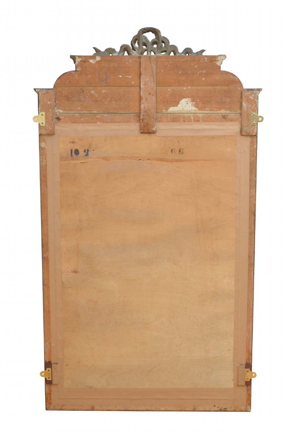 A tall antique French pier mirror featuring a gilded ribbon cresting, carved floral swags, and leaf moulding framing rectangular mirror glass. View VIII