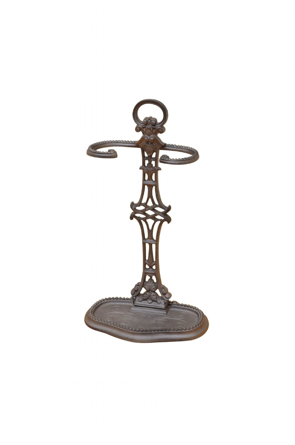 A cast iron umbrella stand featuring a central decorative stem, two curved upper retaining arms, a top loop handle, and an oval drip tray base. View II