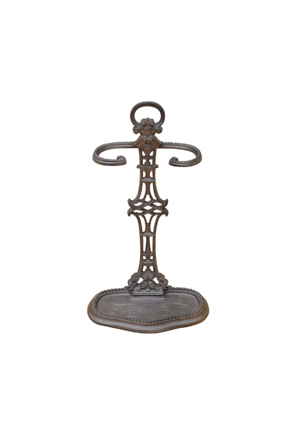 A cast iron umbrella stand featuring a central decorative stem, two curved upper retaining arms, a top loop handle, and an oval drip tray base. View III