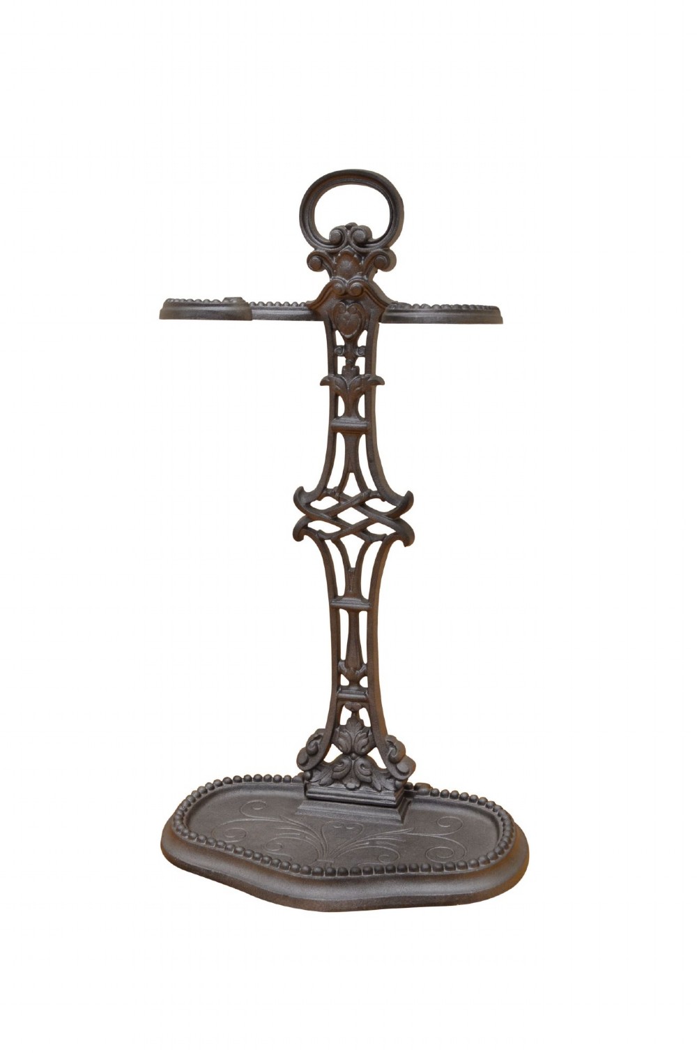 A cast iron umbrella stand featuring a central decorative stem, two curved upper retaining arms, a top loop handle, and an oval drip tray base. View VI