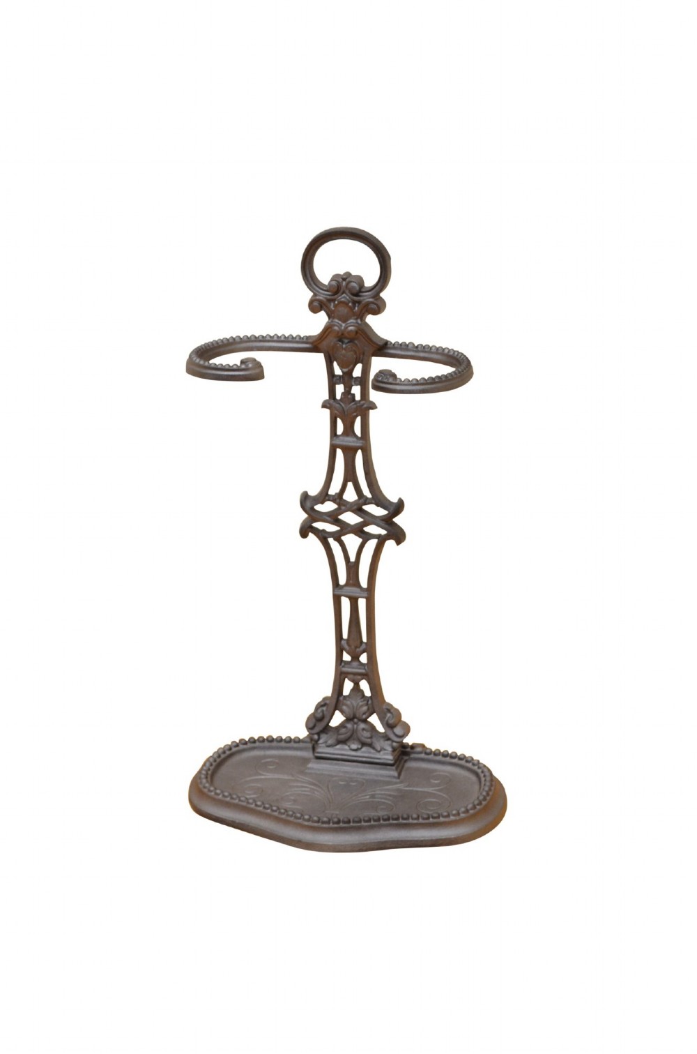 A cast iron umbrella stand featuring a central decorative stem, two curved upper retaining arms, a top loop handle, and an oval drip tray base.