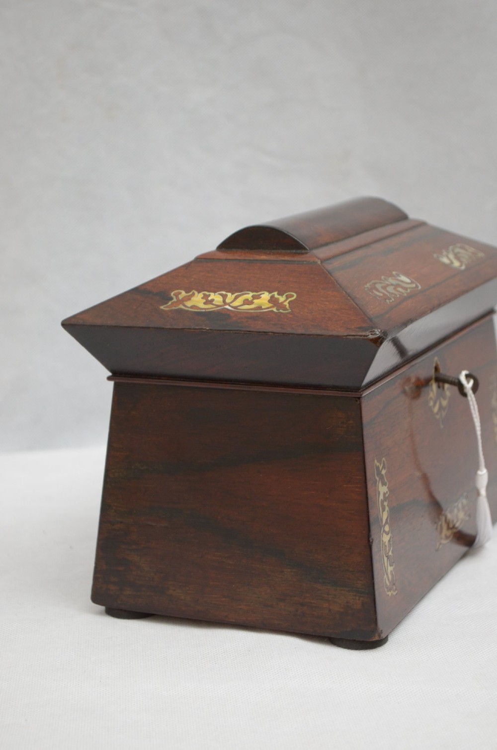 A Regency period rosewood tea caddy in a sarcophagus shape with mother-of-pearl floral scroll inlay and a brass keyhole. View VIII