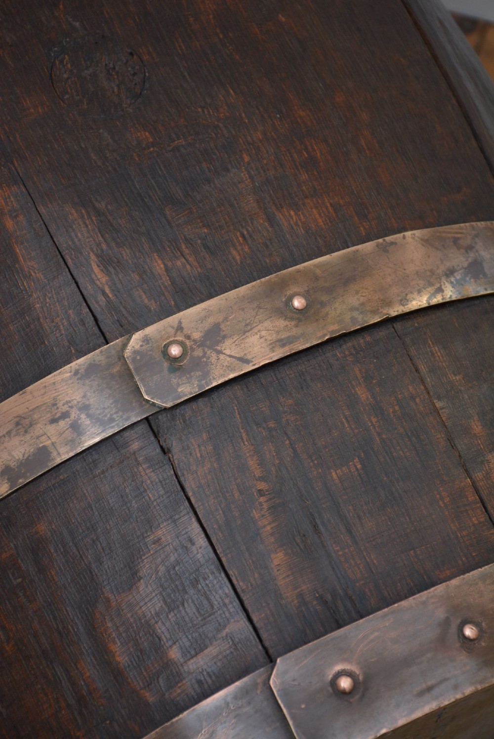A Victorian dark oak coopered barrel umbrella stand with polished metal binding hoops. View XIII