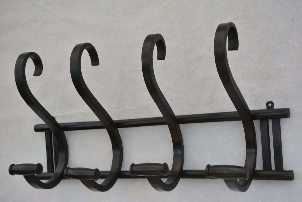 An ebonised bentwood wall-mounted coat rack featuring four large S-curved hooks mounted on a horizontal wooden backing rail. View III