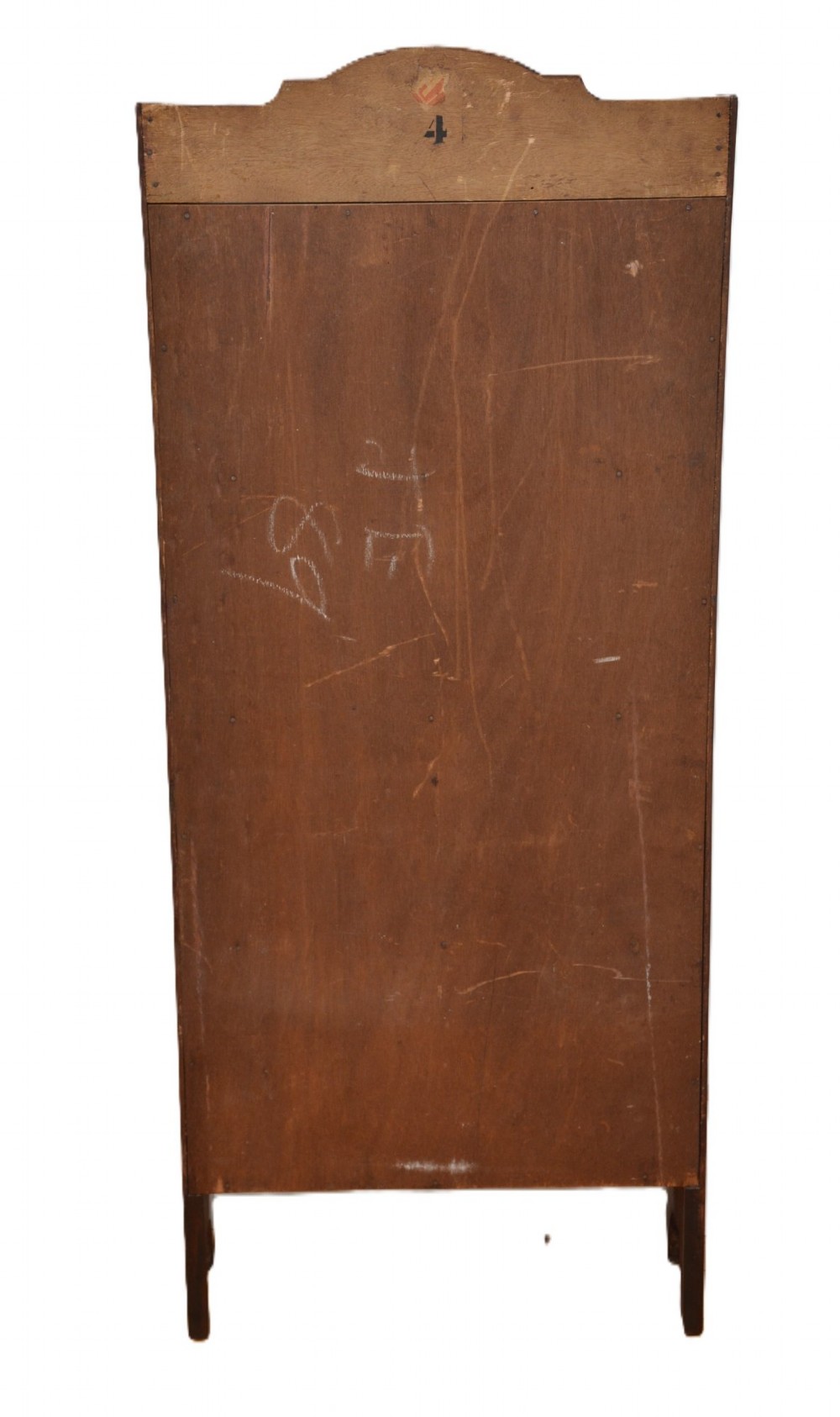 A slim Edwardian mahogany open bookcase featuring four shelves, an inlaid oval motif on the shaped gallery top, and bracket feet. View X