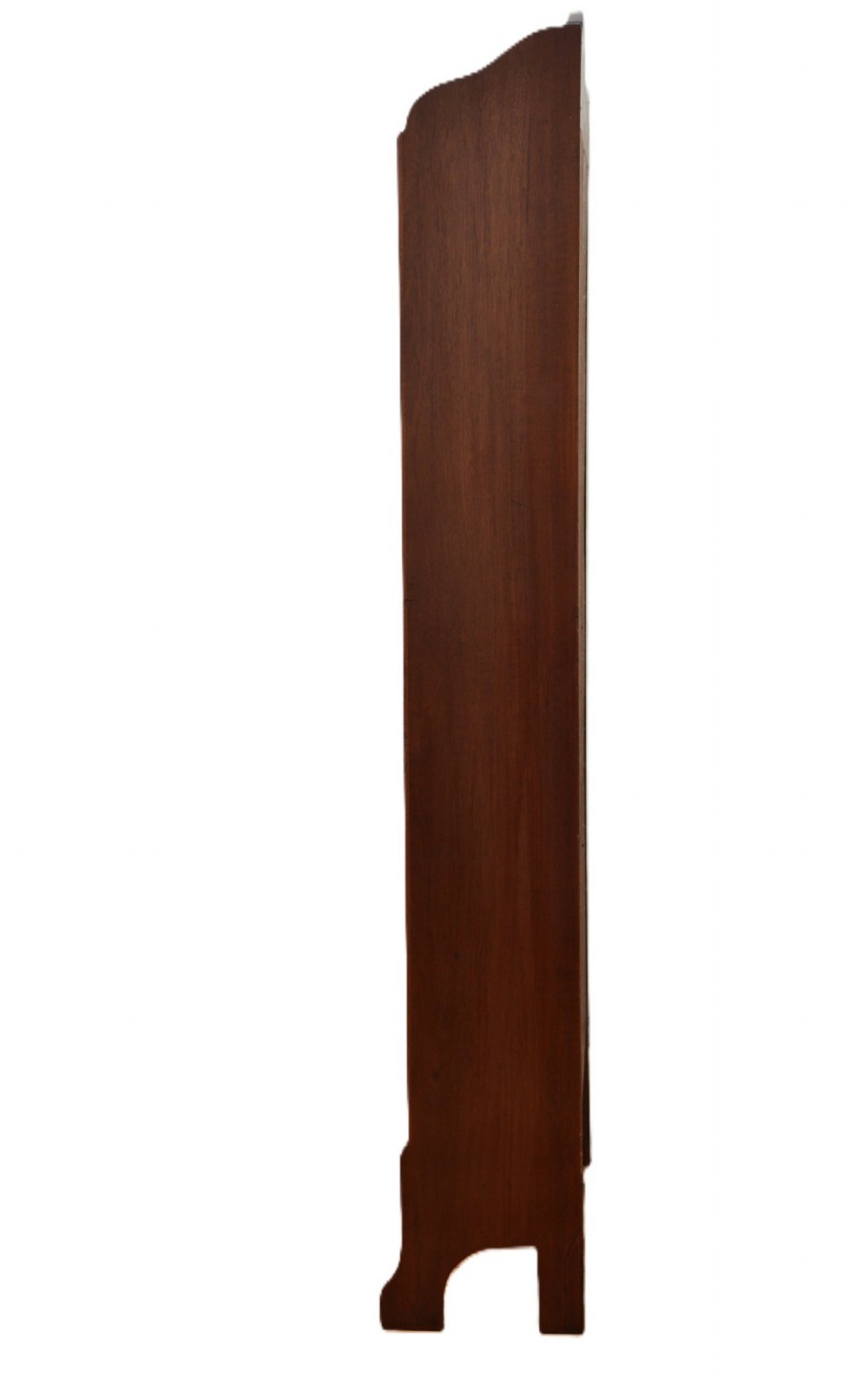 A slim Edwardian mahogany open bookcase featuring four shelves, an inlaid oval motif on the shaped gallery top, and bracket feet. View XI