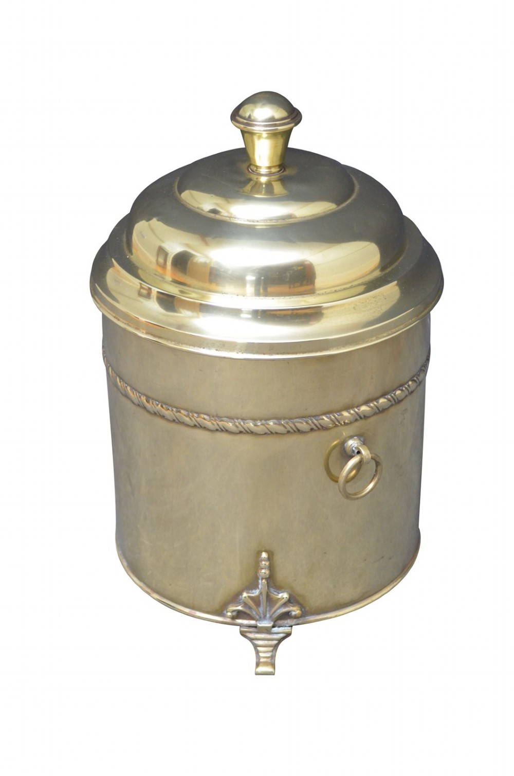 An Edwardian cylindrical polished brass coal bucket featuring a domed lid with a top finial, rope-twist trim around the neck, drop-ring side handles, and decorative feet. View III