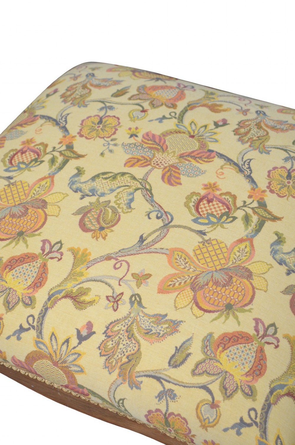 A walnut dressing table stool with turned barley twist legs and a padded seat upholstered in yellow floral patterned fabric. View III