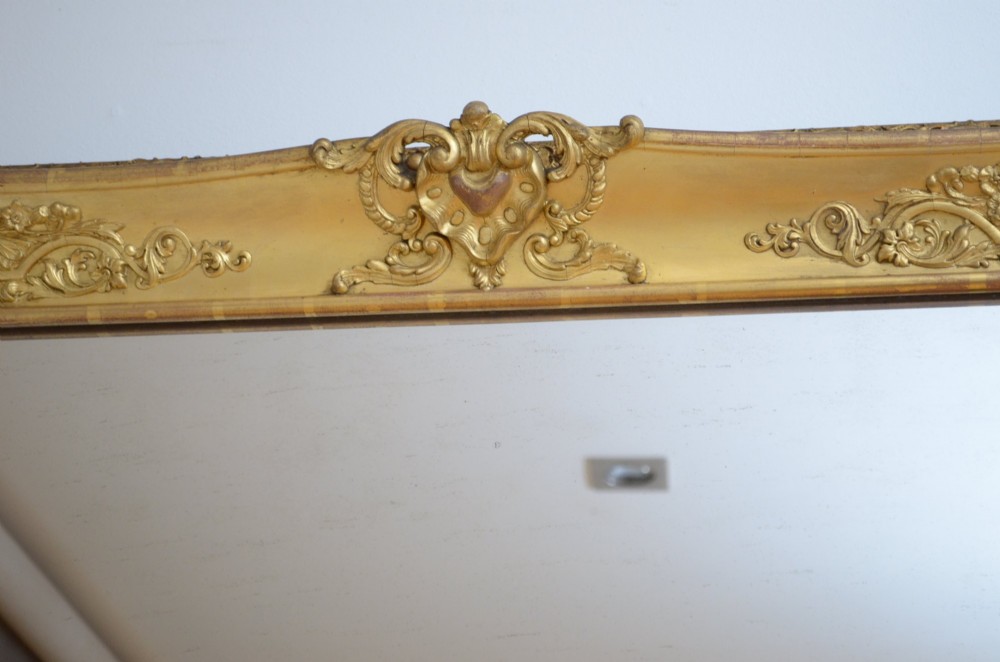 A tall rectangular floor-standing mirror with a gold-leaf gilded frame featuring intricate gesso moulding along the borders and corners. View XI