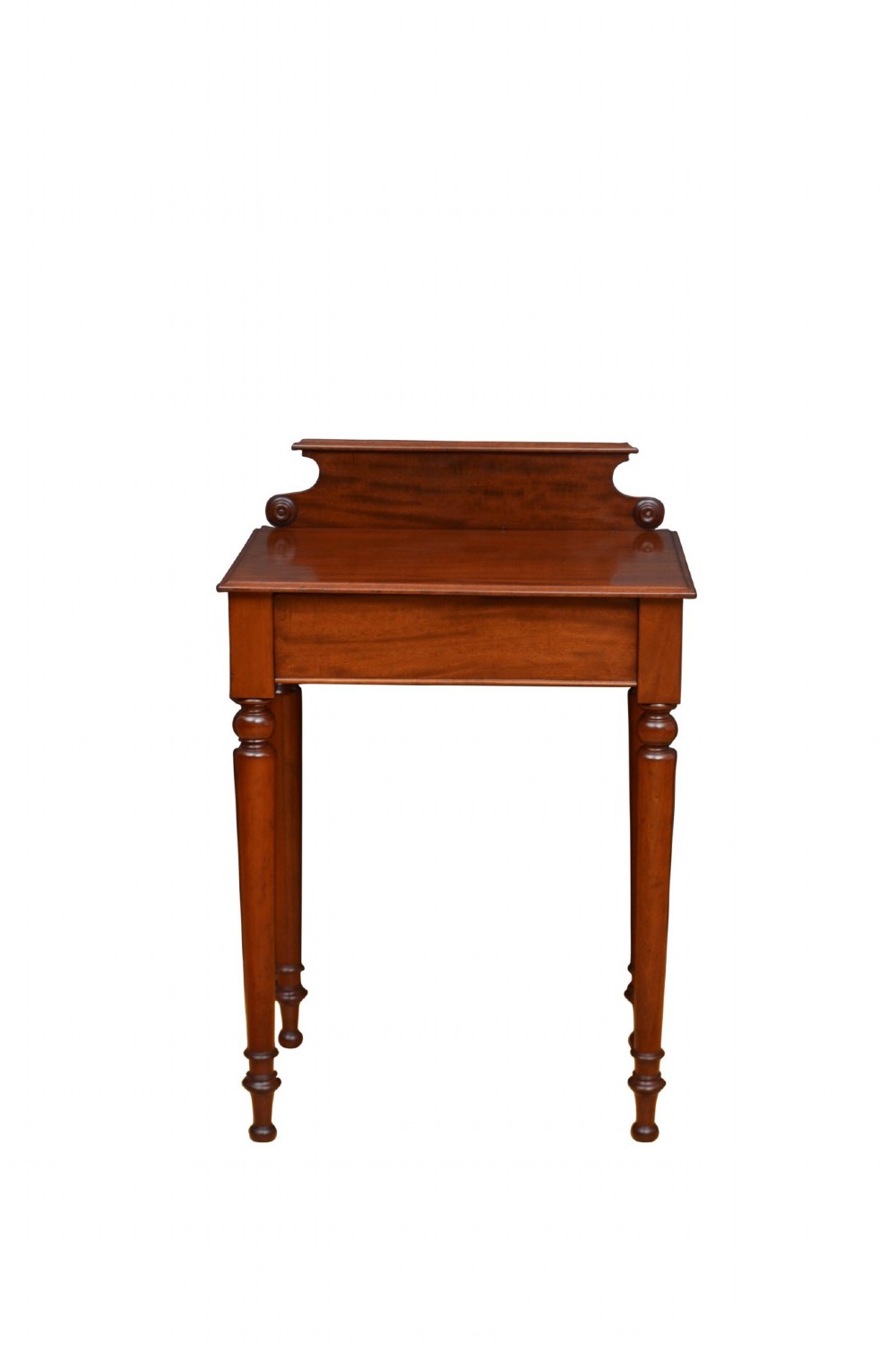 A Victorian mahogany hall table featuring a gallery back upstand, a single frieze drawer, and four turned legs. View II