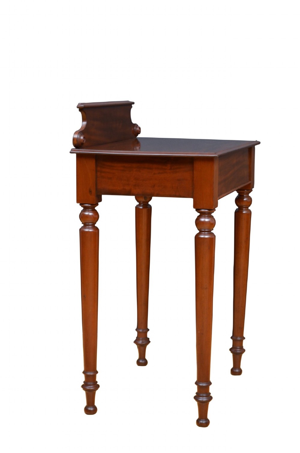A Victorian mahogany hall table featuring a gallery back upstand, a single frieze drawer, and four turned legs. View X