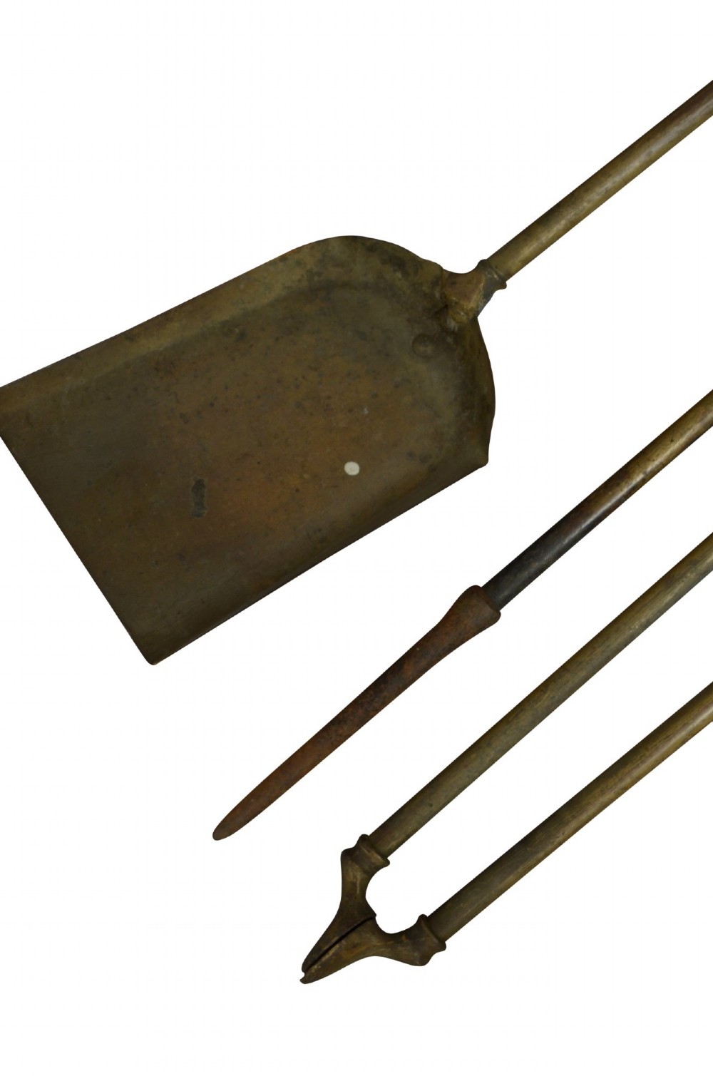 An antique cast brass stick stand featuring sporting motifs including a resting hound, rifle, game bag, and hunting horn. View II