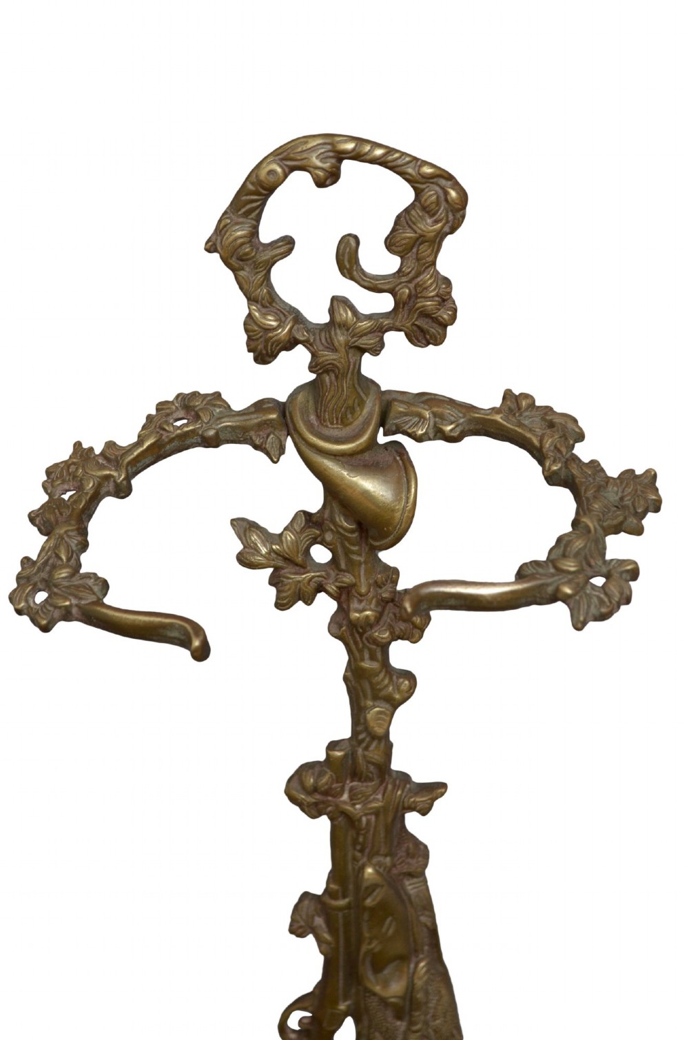 An antique cast brass stick stand featuring sporting motifs including a resting hound, rifle, game bag, and hunting horn. View IV
