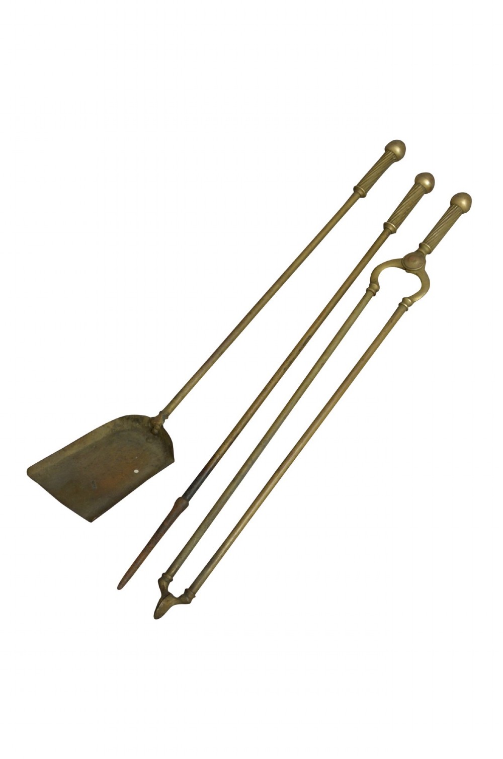 An antique cast brass stick stand featuring sporting motifs including a resting hound, rifle, game bag, and hunting horn. View IX