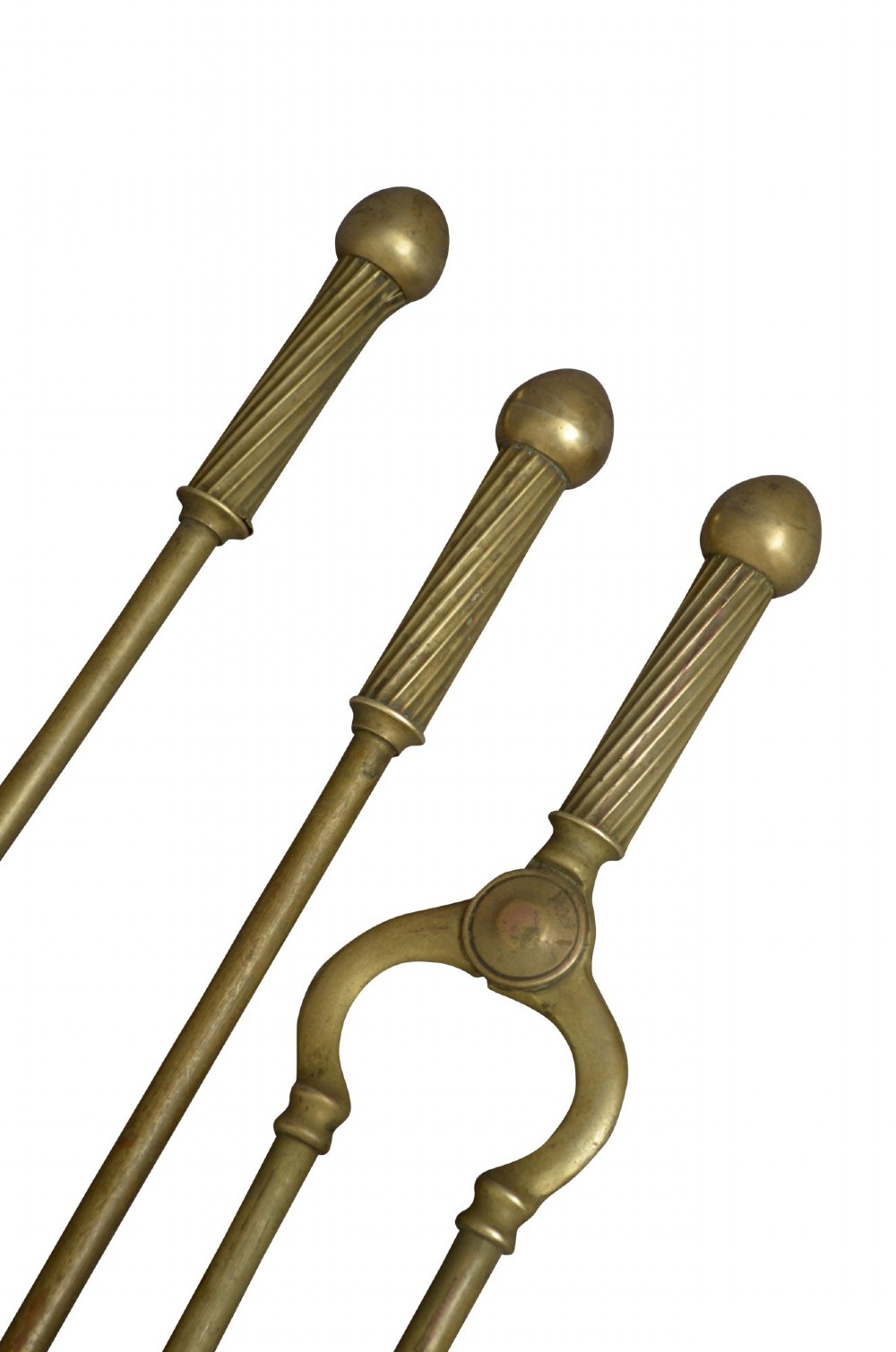 An antique cast brass stick stand featuring sporting motifs including a resting hound, rifle, game bag, and hunting horn. View X