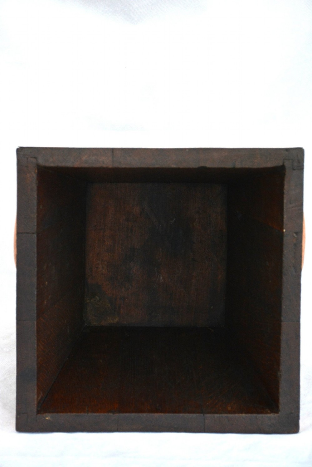 A tapered dark oak wooden coal bucket bound with copper straps and featuring a copper swing handle. View XI