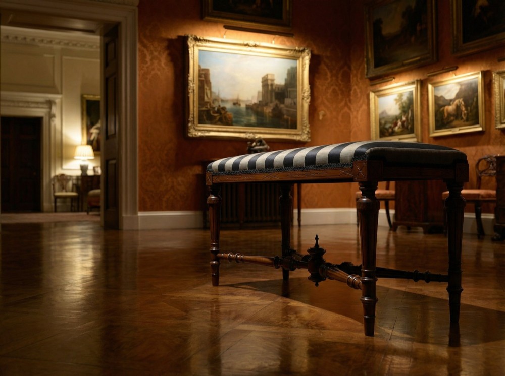 A Victorian walnut window seat featuring a striped upholstered top, fluted turned legs, and an intricate cross-stretcher with a central finial. View VI