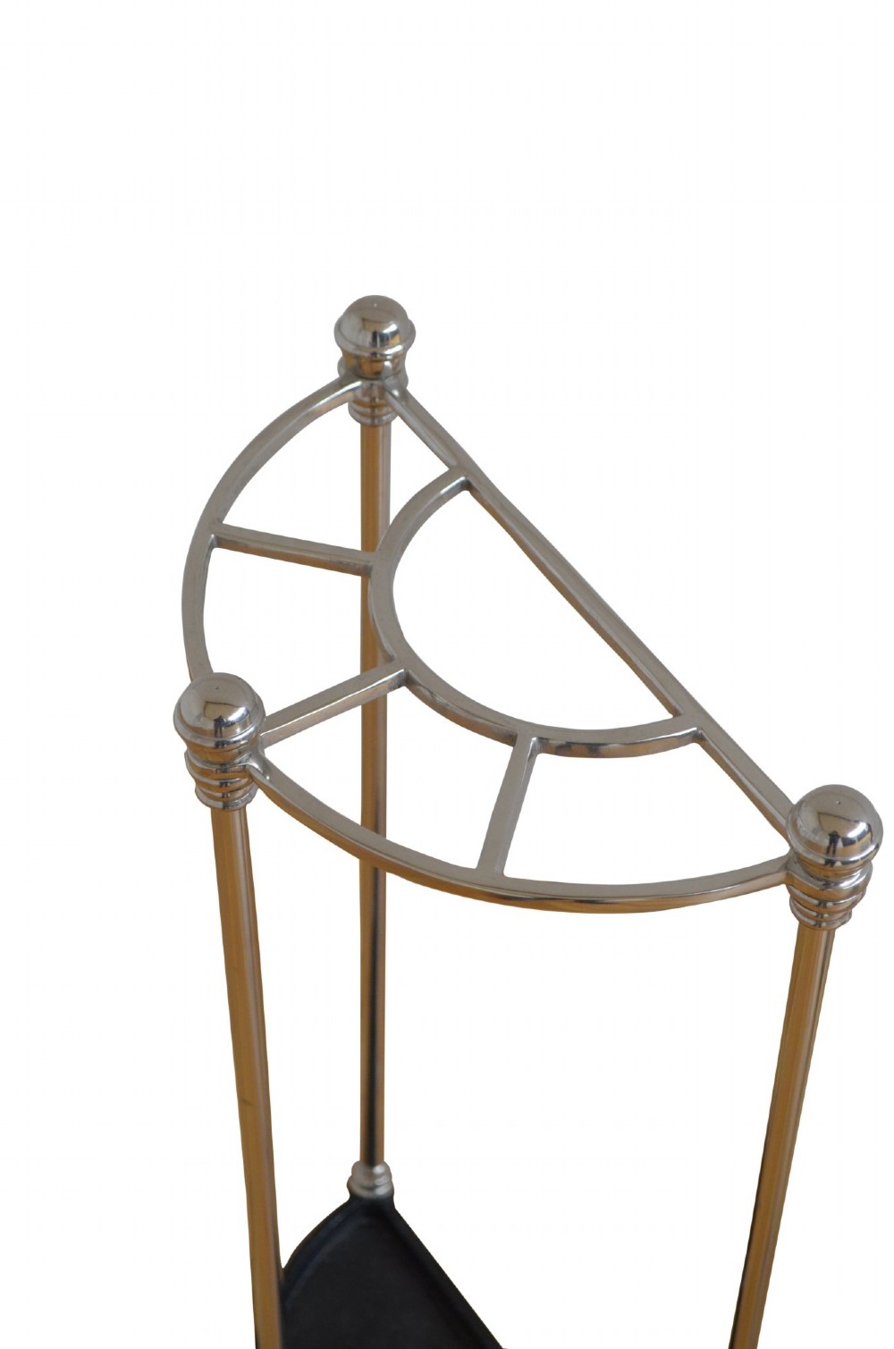 An Art Deco semi-circular nickel-plated umbrella stand featuring a fan-divided top section, three vertical support rods, and a black cast iron drip tray base. View IV