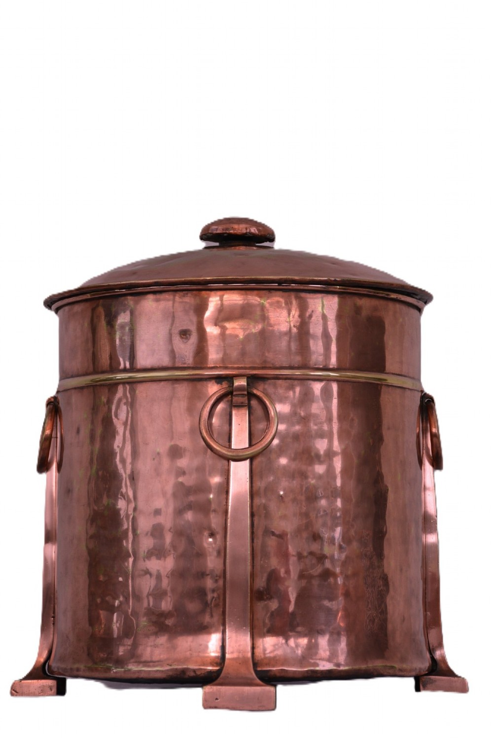 An Arts and Crafts hammered copper cylindrical coal bin featuring a fitted lid, drop side ring handles, structural legs, and a removable metal liner. View III
