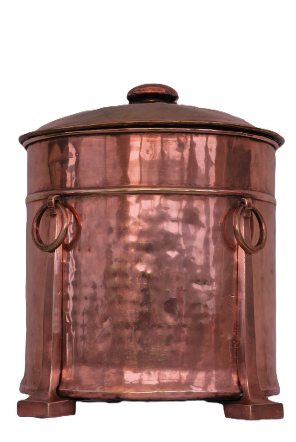 An Arts and Crafts hammered copper cylindrical coal bin featuring a fitted lid, drop side ring handles, structural legs, and a removable metal liner. View VII
