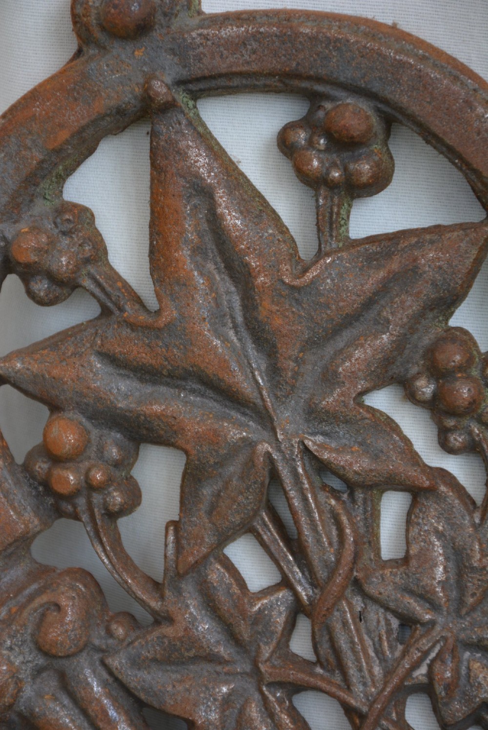 A circular Victorian cast iron ceiling rose featuring an openwork lobed design with raised ivy leaf and berry motifs surrounding a central circular aperture. View VIII