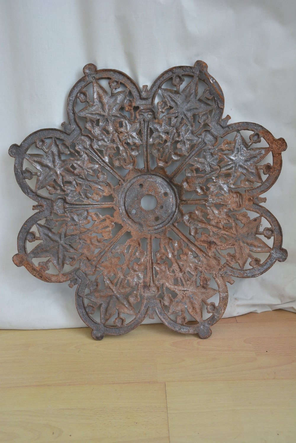 A circular Victorian cast iron ceiling rose featuring an openwork lobed design with raised ivy leaf and berry motifs surrounding a central circular aperture. View XII