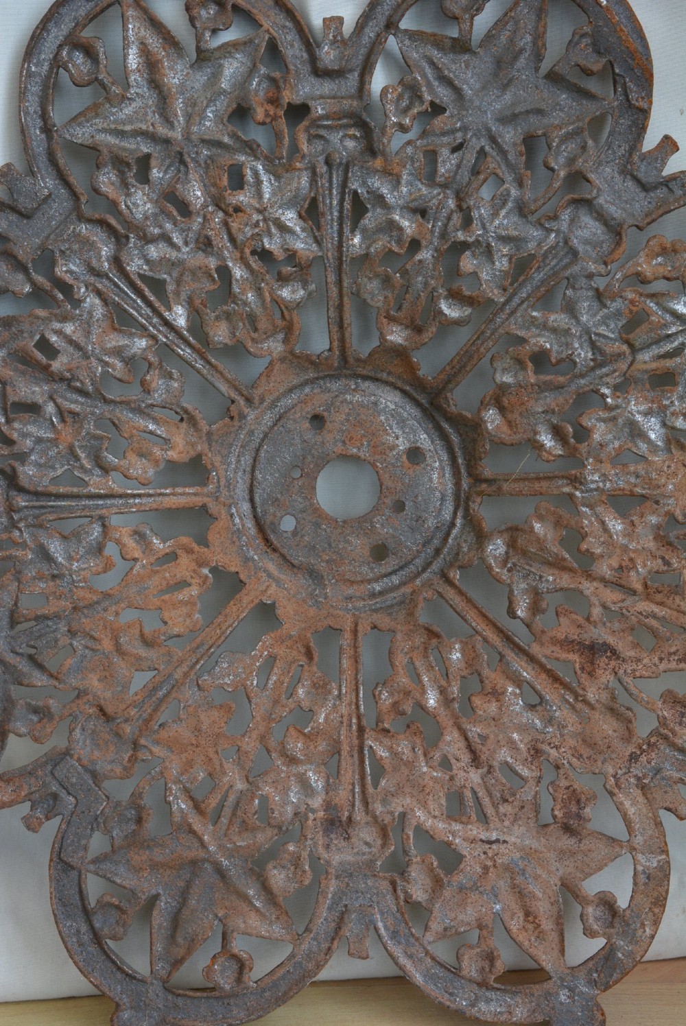 A circular Victorian cast iron ceiling rose featuring an openwork lobed design with raised ivy leaf and berry motifs surrounding a central circular aperture. View XIII