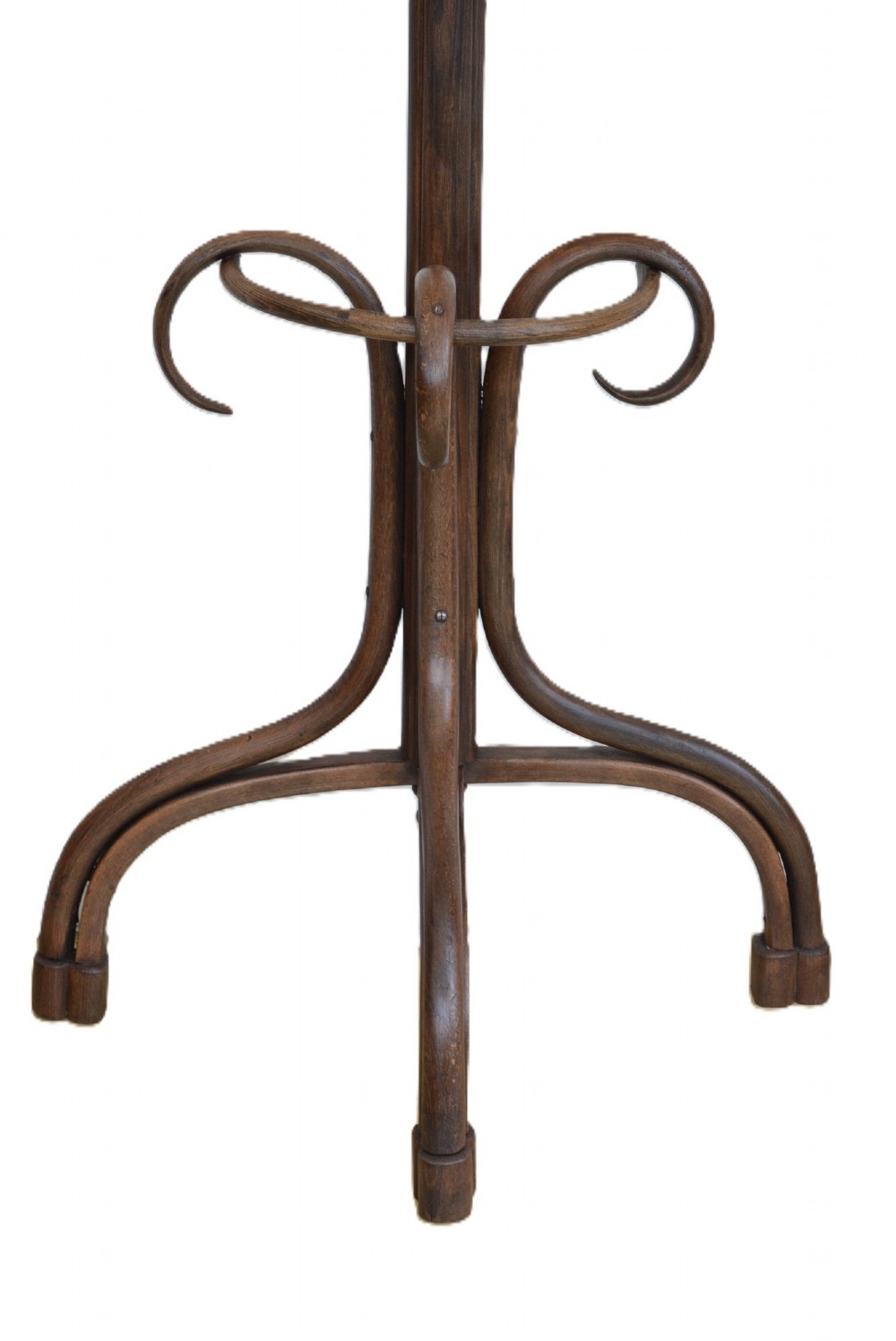 A dark brown free-standing bentwood coat stand featuring curved upper hooks, a central support shaft, and splayed legs with an integrated umbrella ring. View II