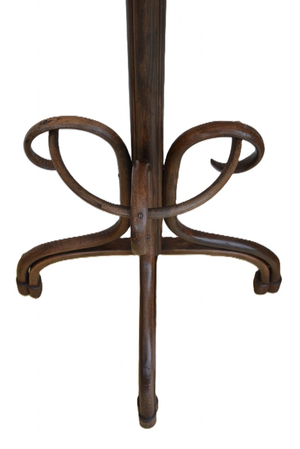 A dark brown free-standing bentwood coat stand featuring curved upper hooks, a central support shaft, and splayed legs with an integrated umbrella ring. View III