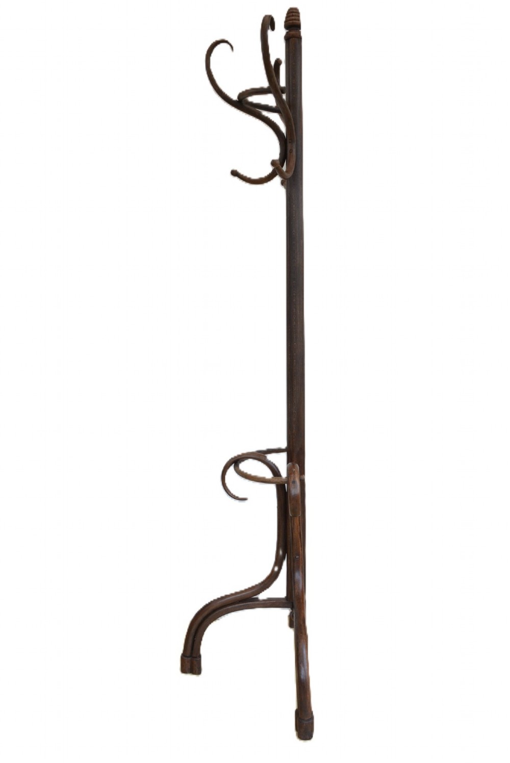 A dark brown free-standing bentwood coat stand featuring curved upper hooks, a central support shaft, and splayed legs with an integrated umbrella ring. View VII
