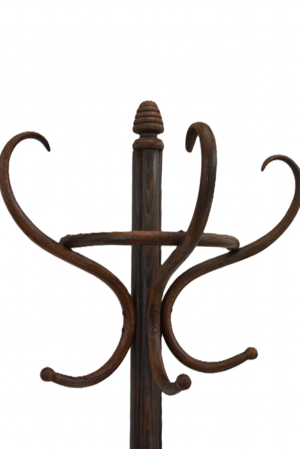 A dark brown free-standing bentwood coat stand featuring curved upper hooks, a central support shaft, and splayed legs with an integrated umbrella ring. View VIII
