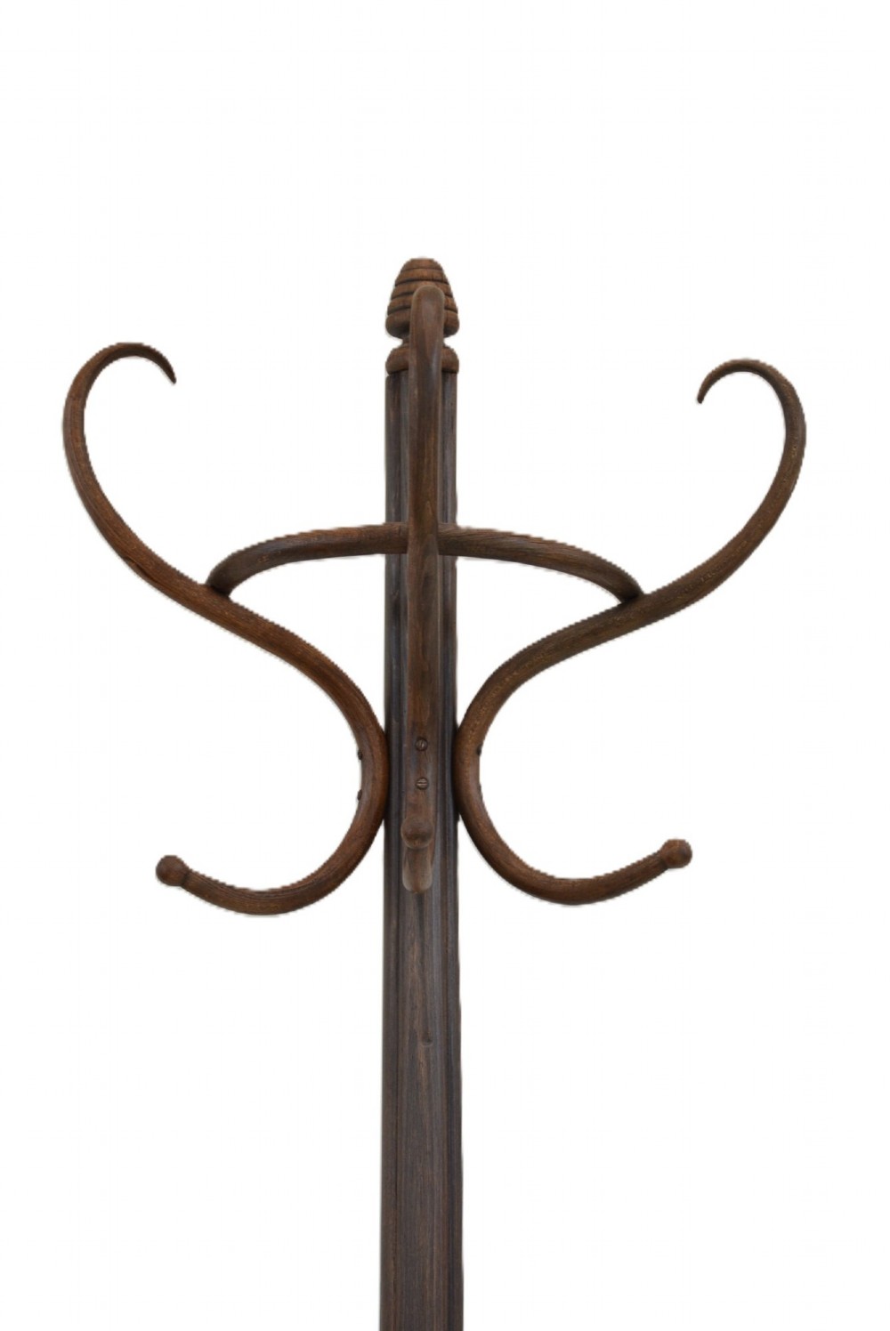 A dark brown free-standing bentwood coat stand featuring curved upper hooks, a central support shaft, and splayed legs with an integrated umbrella ring. View IX