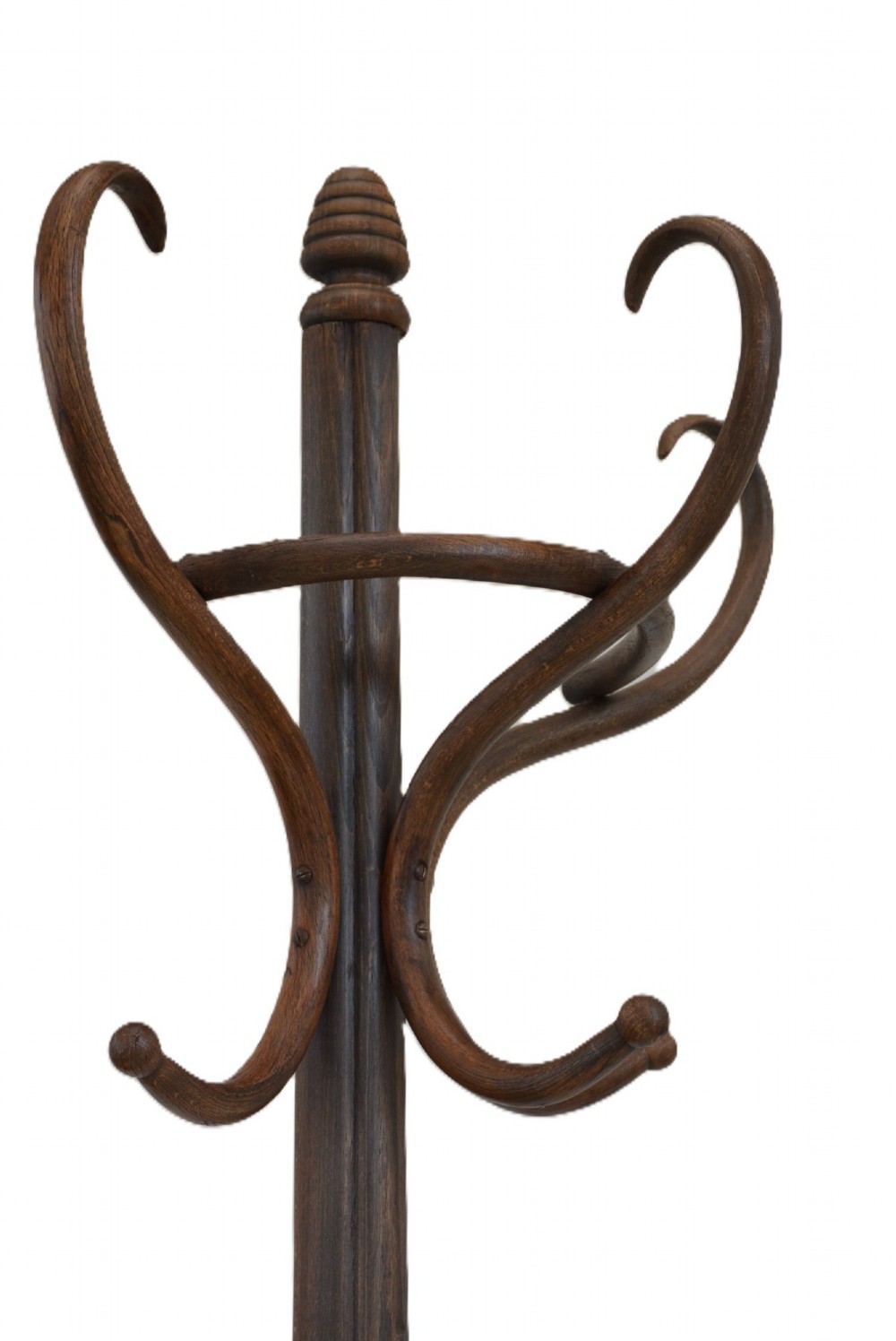 A dark brown free-standing bentwood coat stand featuring curved upper hooks, a central support shaft, and splayed legs with an integrated umbrella ring. View X