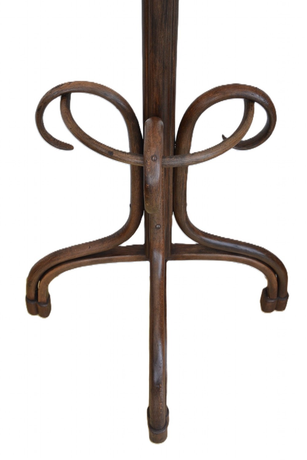 A dark brown free-standing bentwood coat stand featuring curved upper hooks, a central support shaft, and splayed legs with an integrated umbrella ring. View XI