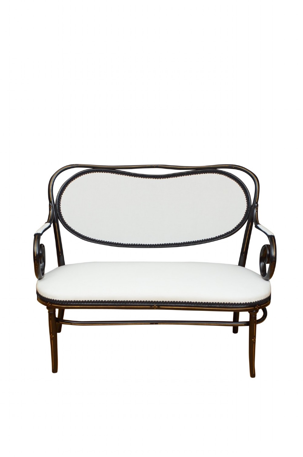 An ebonised bentwood armchair featuring white upholstered seat and back panels, scrolled armrests, and gold linear detailing on a black wooden frame. View III