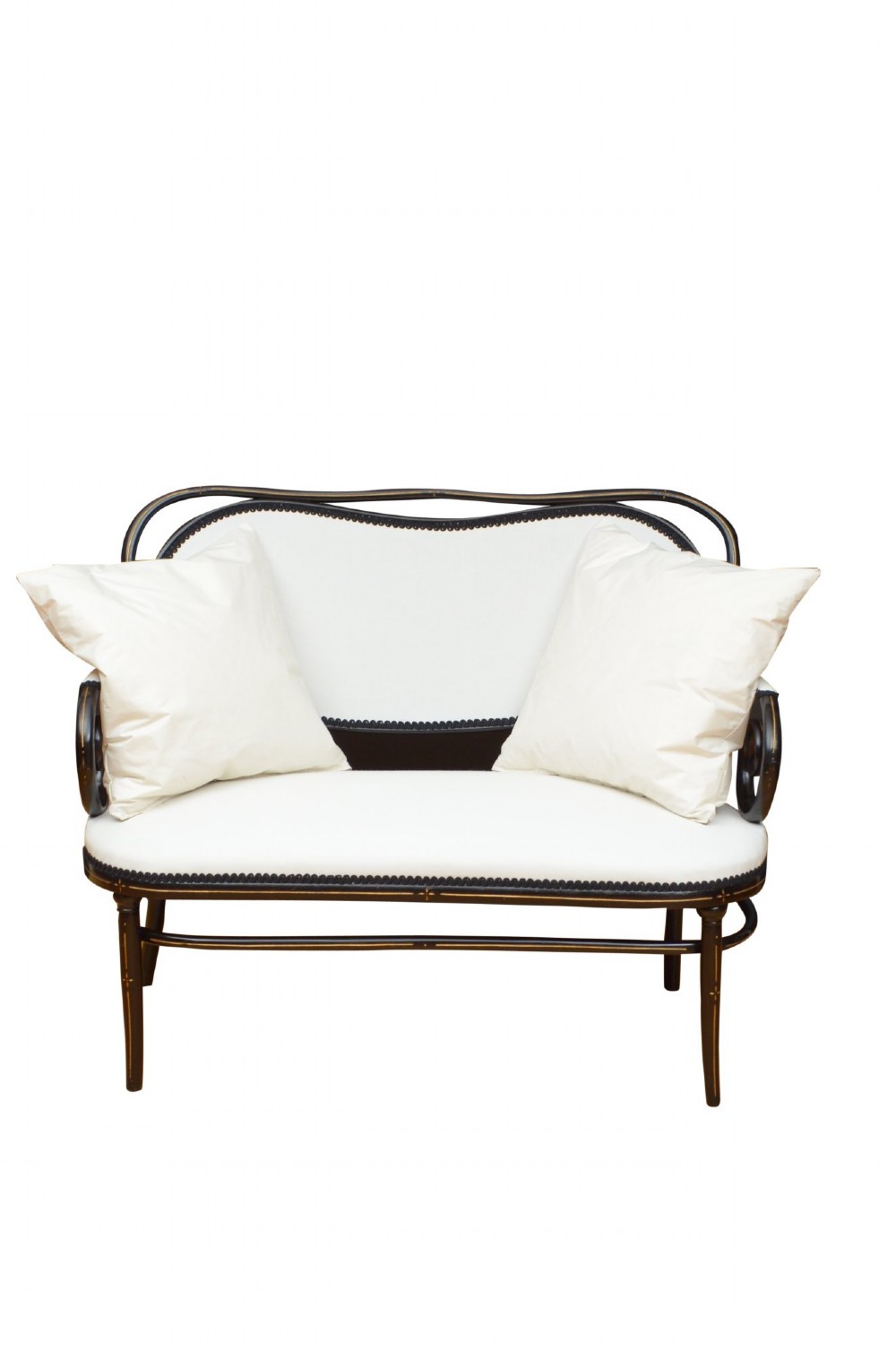 An ebonised bentwood armchair featuring white upholstered seat and back panels, scrolled armrests, and gold linear detailing on a black wooden frame. View IV