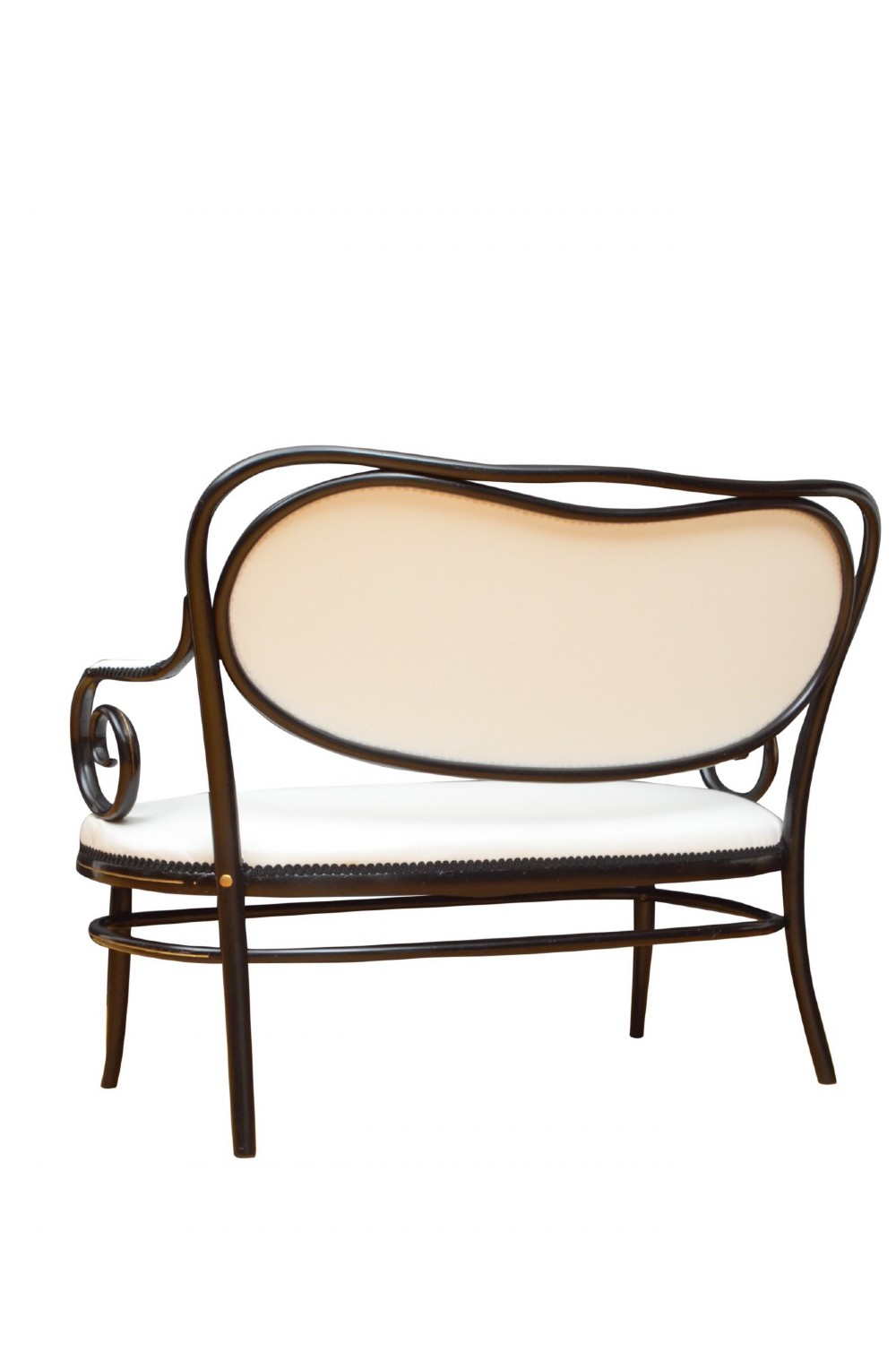 An ebonised bentwood armchair featuring white upholstered seat and back panels, scrolled armrests, and gold linear detailing on a black wooden frame. View XII