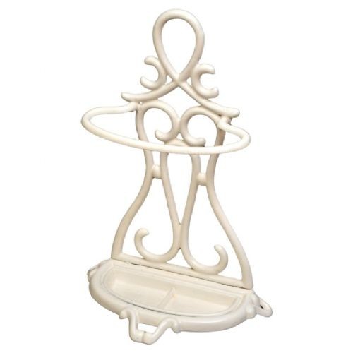 A white enamelled cast iron Art Nouveau umbrella stand featuring fluid scrollwork motifs and an integrated base drip tray. View II