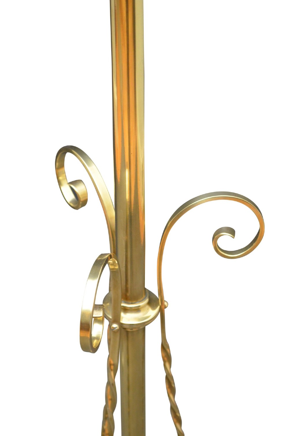 An antique Arts and Crafts brass standard floor lamp featuring a flared fabric shade, a height-adjustable central stem, scrollwork details, and a stepped circular base. View II