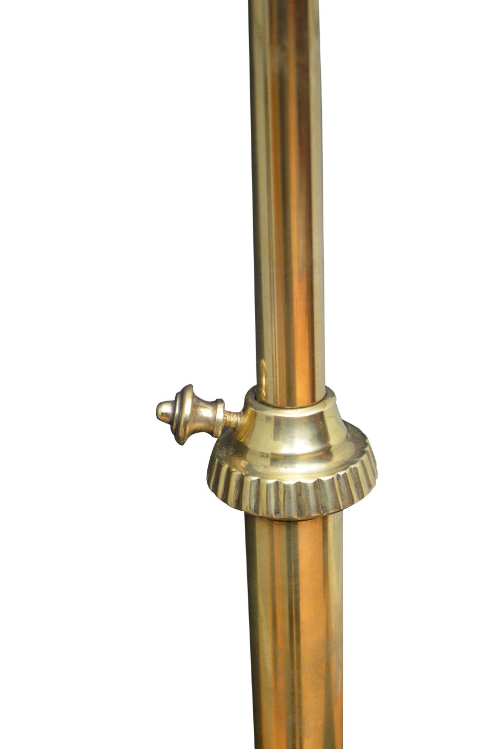 An antique Arts and Crafts brass standard floor lamp featuring a flared fabric shade, a height-adjustable central stem, scrollwork details, and a stepped circular base. View IV