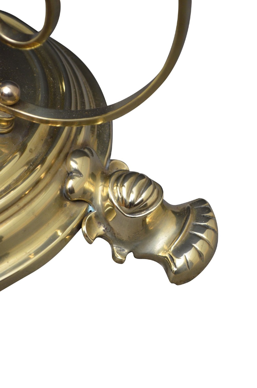 An antique Arts and Crafts brass standard floor lamp featuring a flared fabric shade, a height-adjustable central stem, scrollwork details, and a stepped circular base. View VII