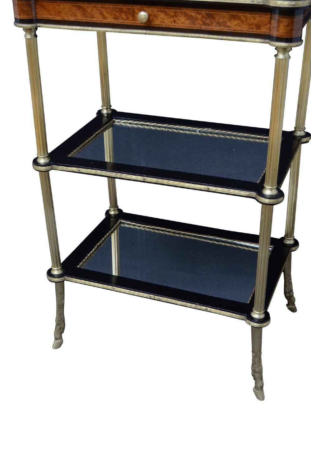 A late nineteenth-century French three-tier lamp table featuring a marquetry inlaid top with foliage border, slender brass columnar supports, two lower mirrored shelves, and brass hoof feet. View VII