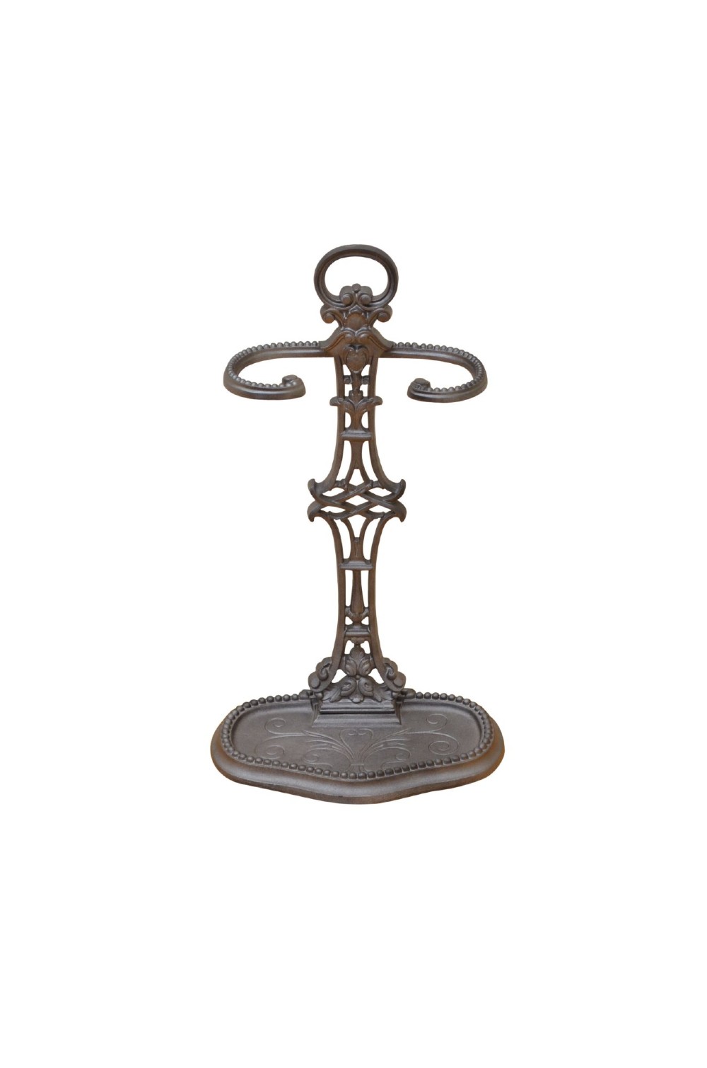 A dark cast iron French Art Nouveau umbrella stand featuring an openwork central column, loop handle, retention rings, and a beaded drip tray base. View III