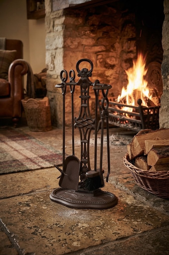 A dark cast iron French Art Nouveau umbrella stand featuring an openwork central column, loop handle, retention rings, and a beaded drip tray base. View VIII