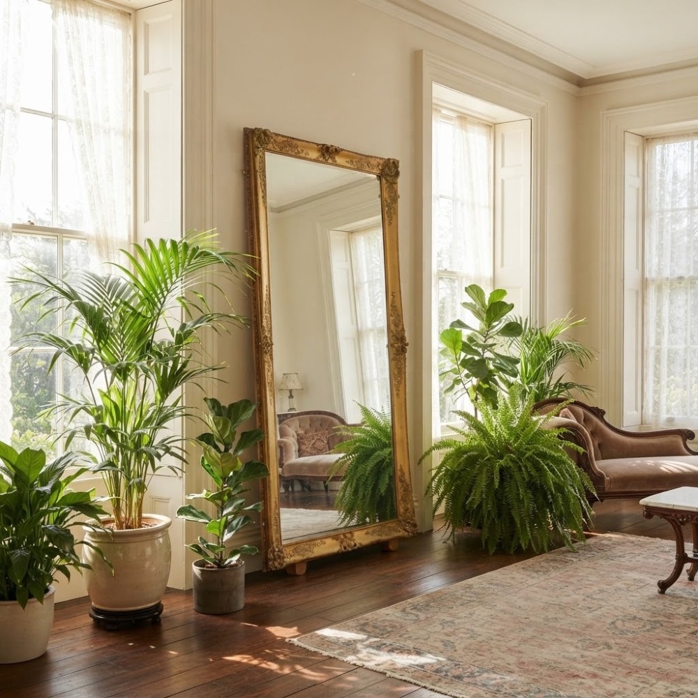 A large rectangular full-length mirror featuring an ornate gold leaf frame leaning against a neutral wall. View XV